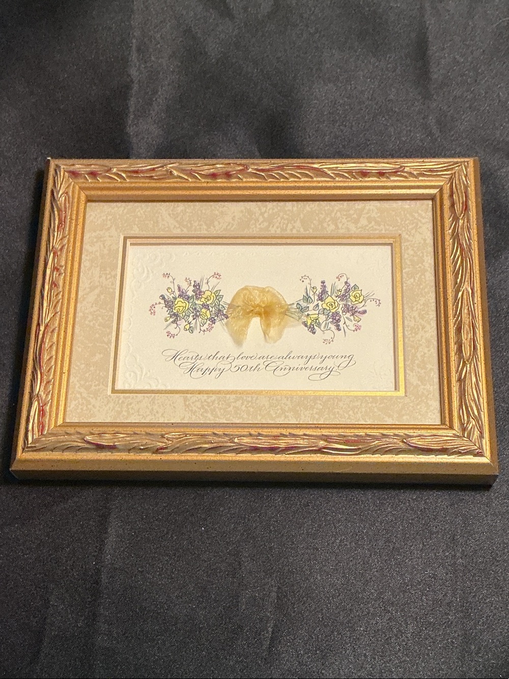 Vintage Rare Gold Floral Ribbon Framed 50th Anniversary Embossed with glass